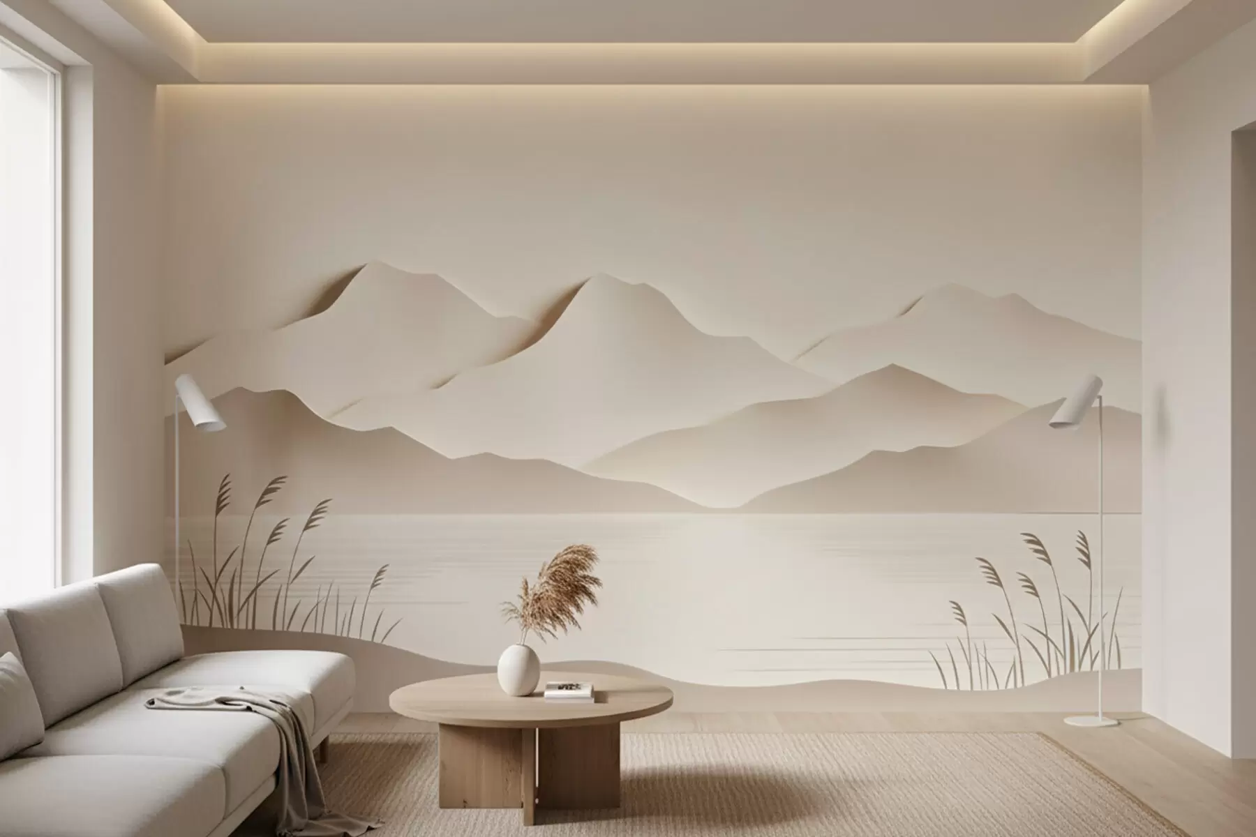 wall murals Layered mountain landscape over a tranquil lake in a warm beige palette w09876