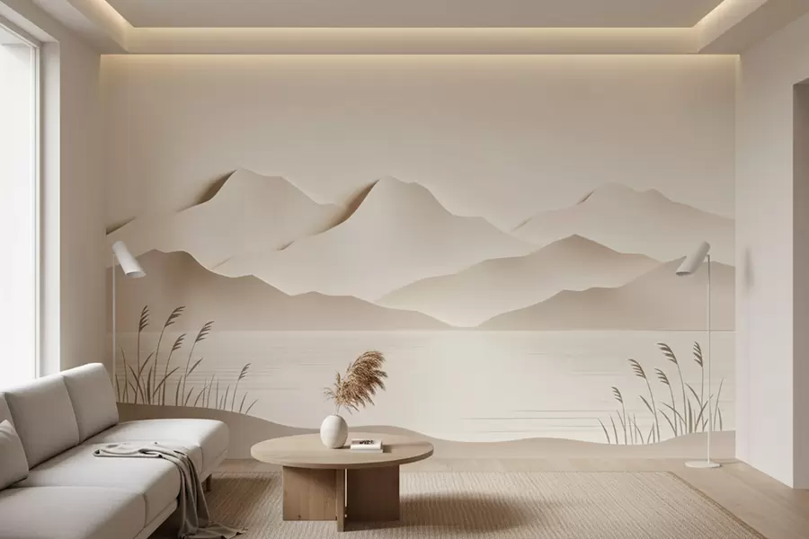 wall murals Layered mountain landscape over a tranquil lake in a warm beige palette w09876