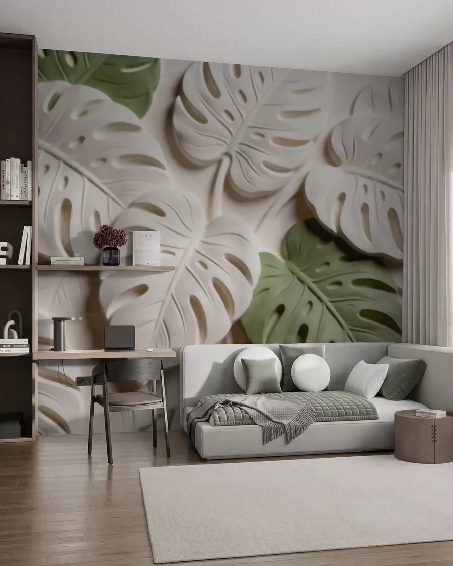 wall murals Embossed botanical monstera leaves in cream and green tones w09883