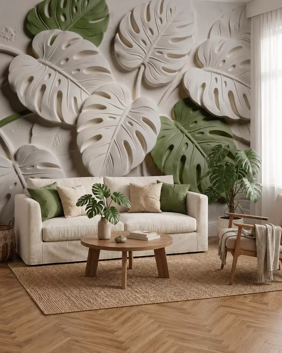 wall murals Embossed botanical monstera leaves in cream and green tones w09883