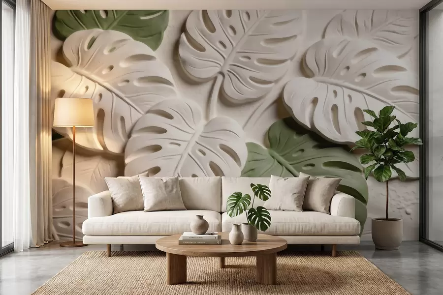 wall murals Embossed botanical monstera leaves in cream and green tones w09883