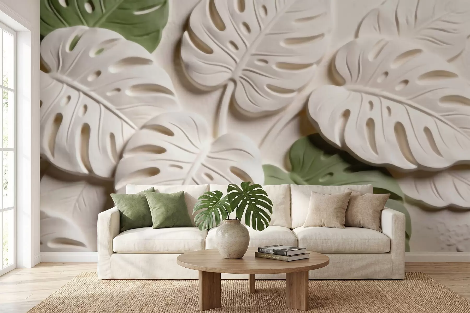 wall murals Embossed botanical monstera leaves in cream and green tones w09883