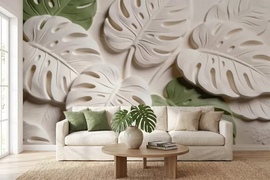 wall murals Embossed botanical monstera leaves in cream and green tones w09883