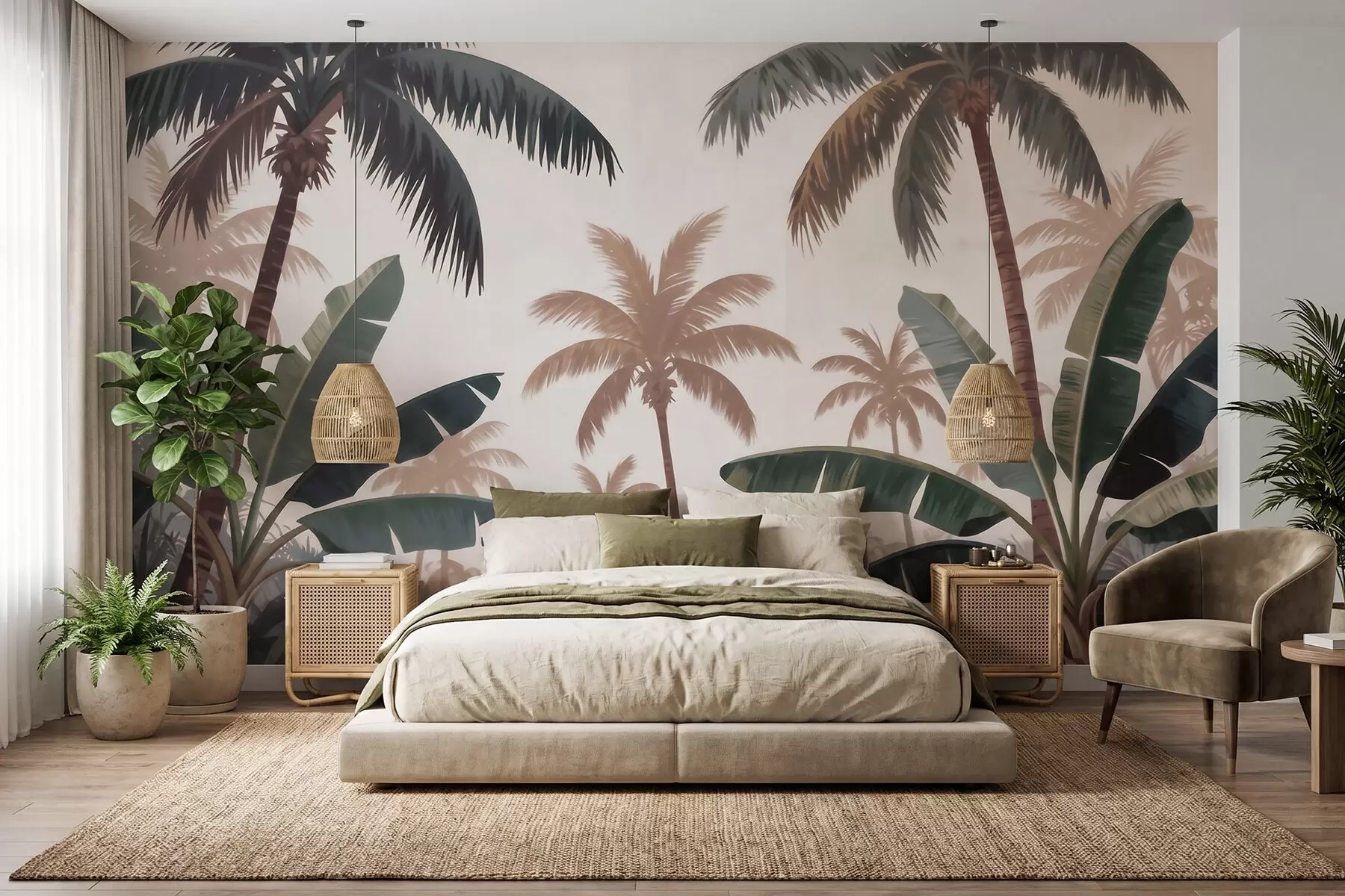 wall murals Tropical palm trees in a soft vintage palette with a misty morning atmosphere w09884