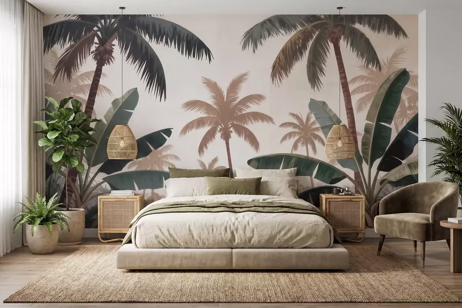 wall murals Tropical palm trees in a soft vintage palette with a misty morning atmosphere w09884