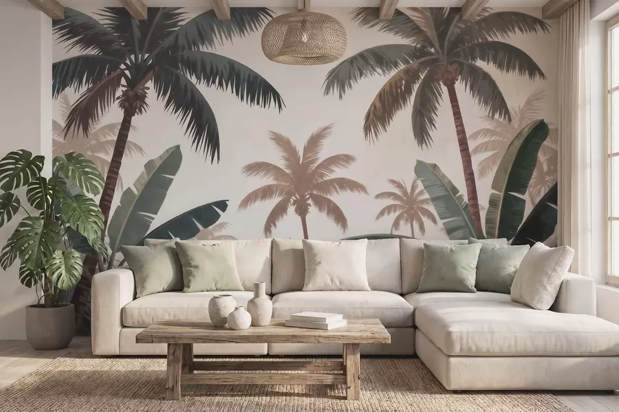 wall murals Tropical palm trees in a soft vintage palette with a misty morning atmosphere w09884