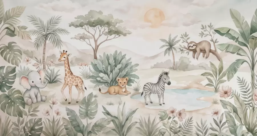 wall murals Watercolor safari scene with animals in delicate pastel tones featuring a giraffe, baby elephant, zebra, and lion cub w09888