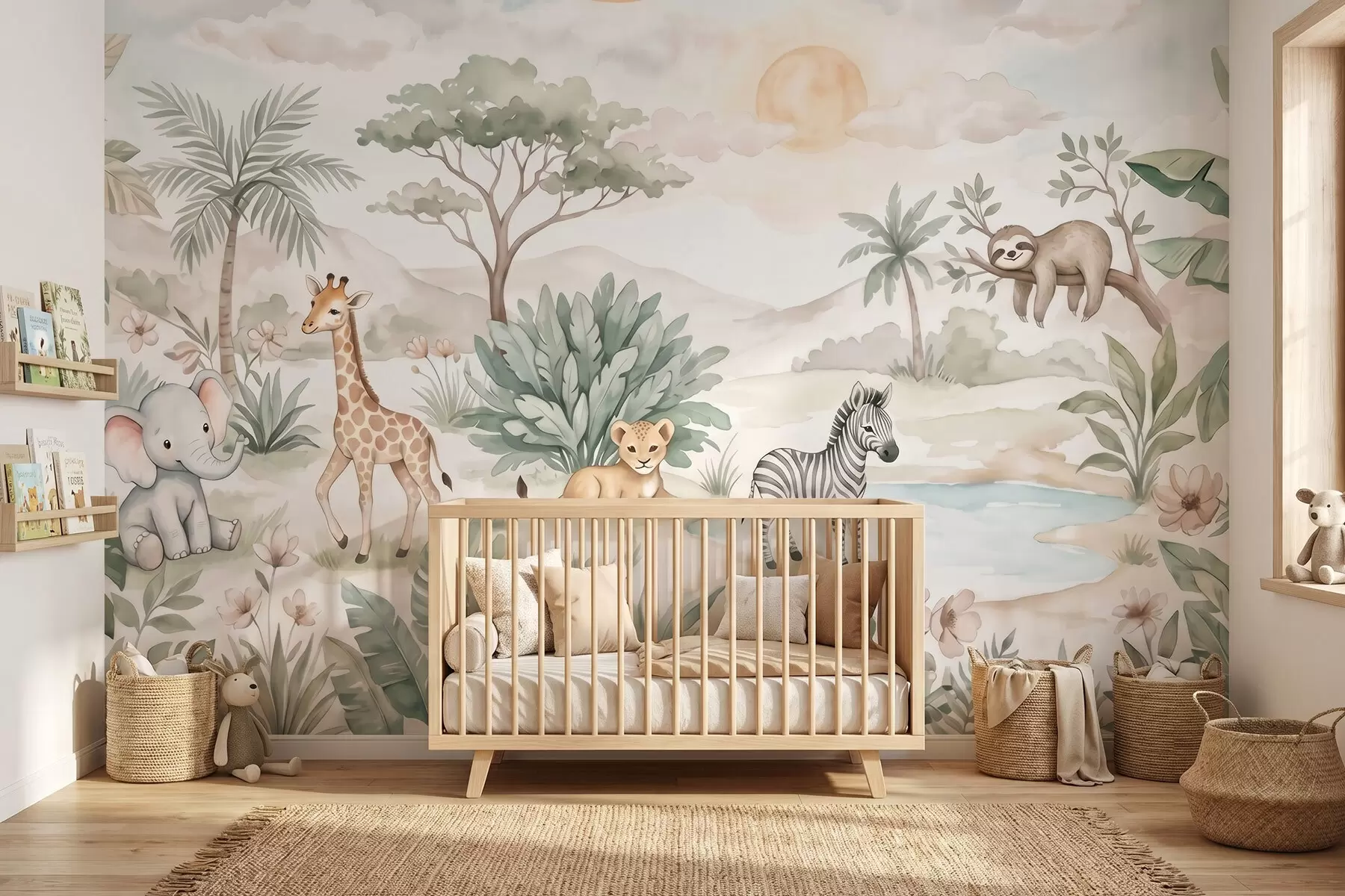 wall murals Watercolor safari scene with animals in delicate pastel tones featuring a giraffe, baby elephant, zebra, and lion cub w09888