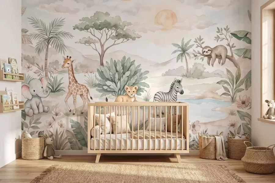 wall murals Watercolor safari scene with animals in delicate pastel tones featuring a giraffe, baby elephant, zebra, and lion cub w09888