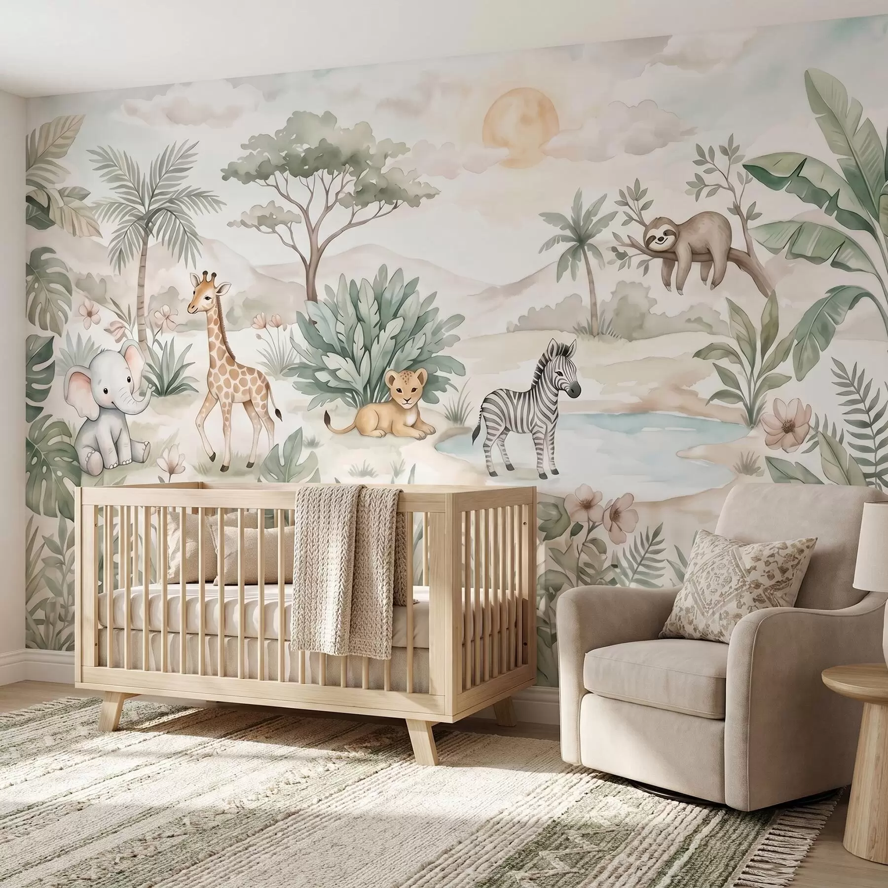 wall murals Watercolor safari scene with animals in delicate pastel tones featuring a giraffe, baby elephant, zebra, and lion cub w09888