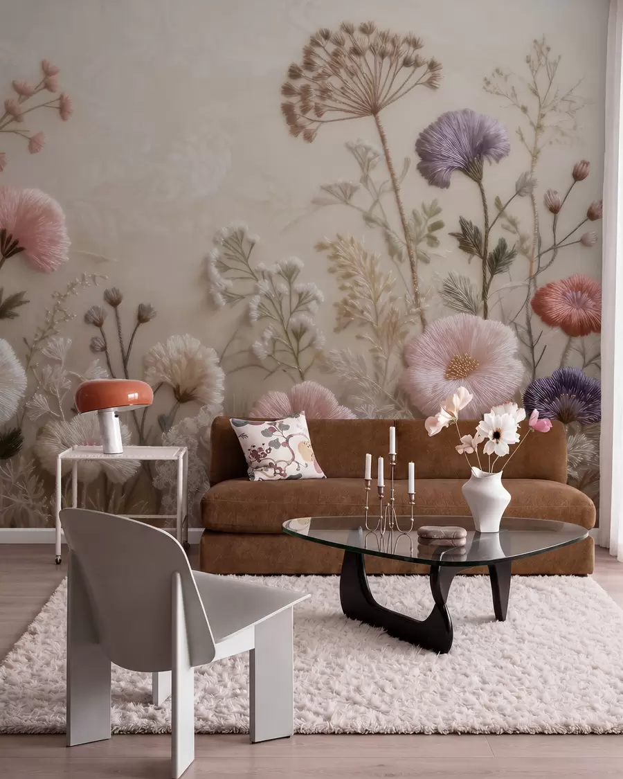 wall murals Three-dimensional wildflowers with a handcrafted embroidery effect in a pastel palette w09874