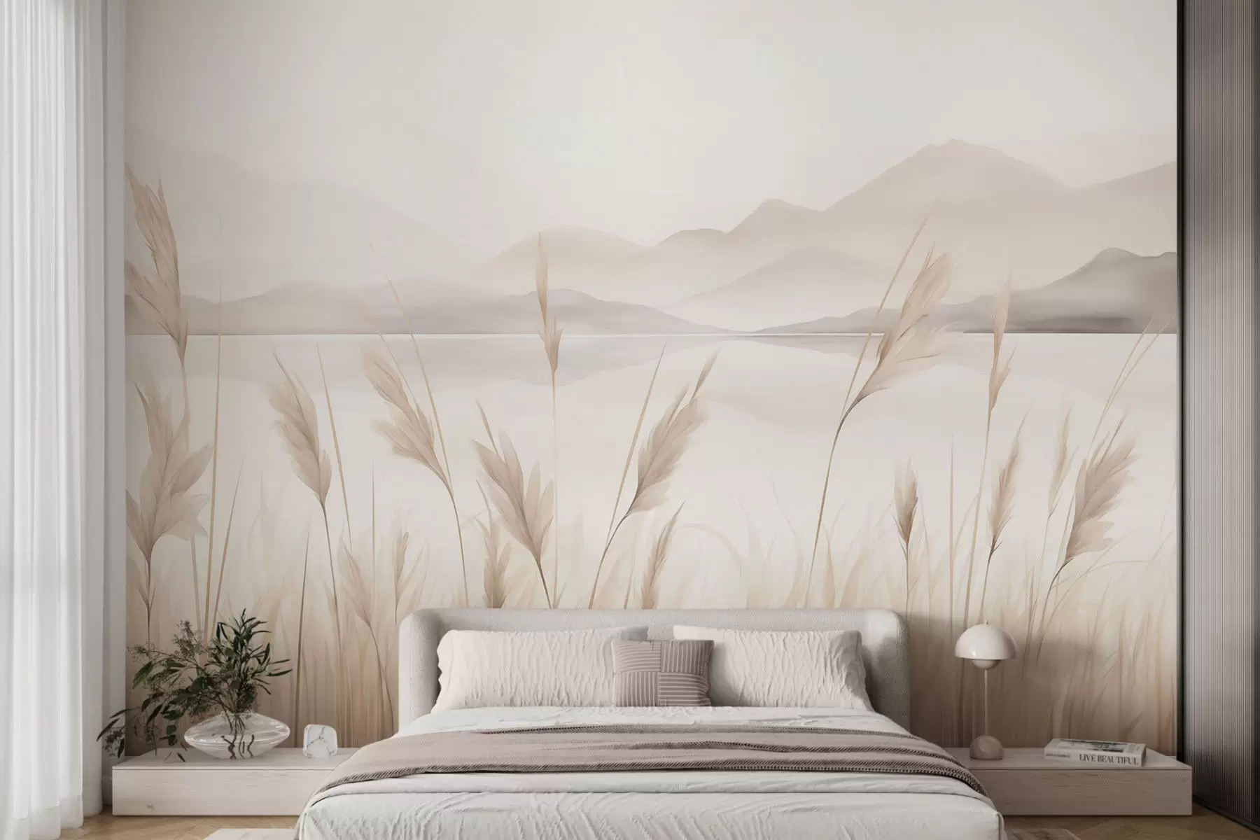 wall murals Reeds near a lake with mountains in the background, imitation of painting w05704