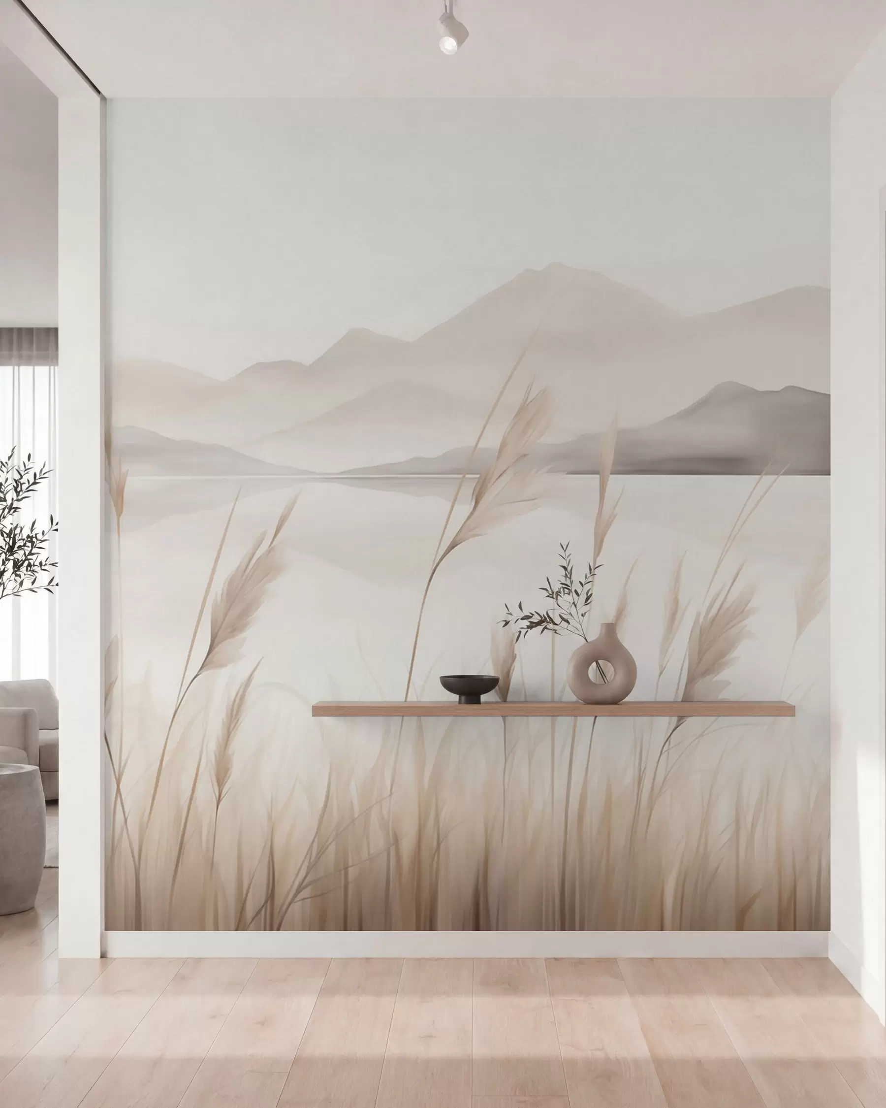 wall murals Reeds near a lake with mountains in the background, imitation of painting w05704
