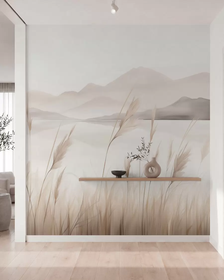 wall murals Reeds near a lake with mountains in the background, imitation of painting w05704