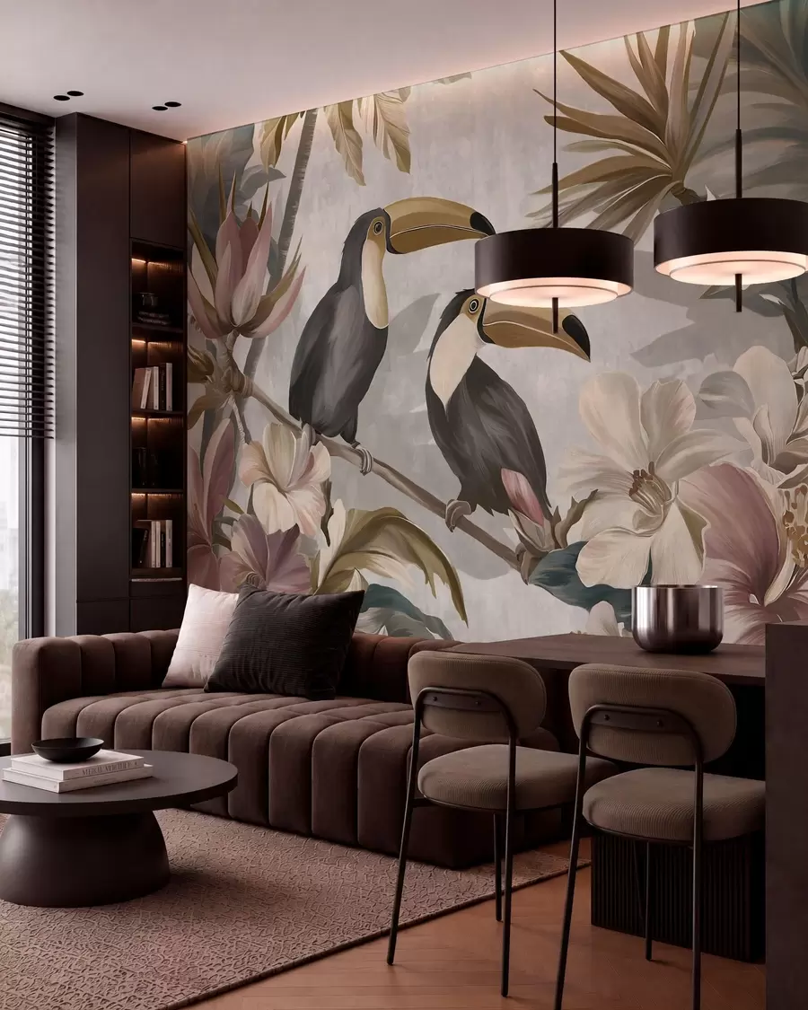wall murals a pair of toucans amidst tropical flowers and leaves w05657