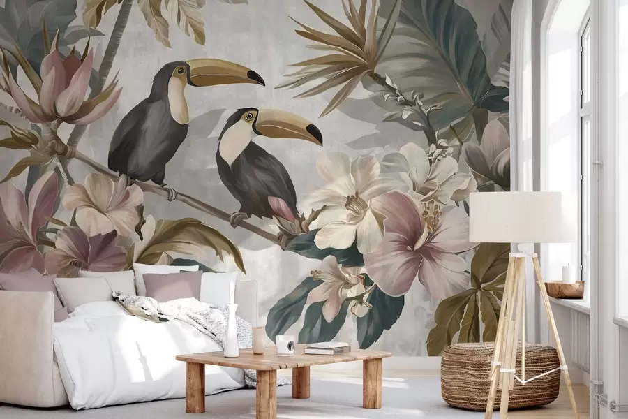 wall murals a pair of toucans amidst tropical flowers and leaves w05657