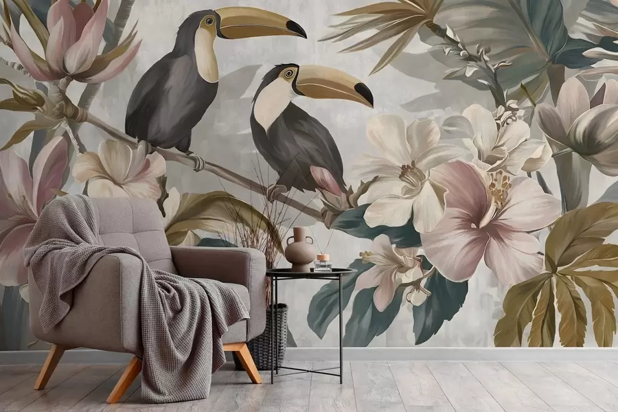wall murals a pair of toucans amidst tropical flowers and leaves w05657