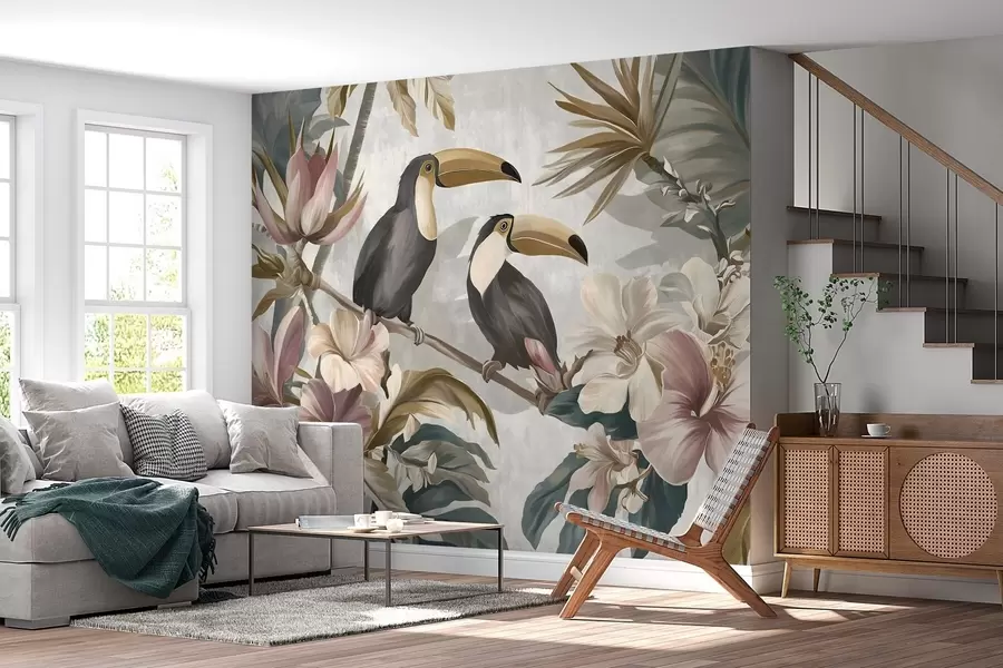 wall murals a pair of toucans amidst tropical flowers and leaves w05657