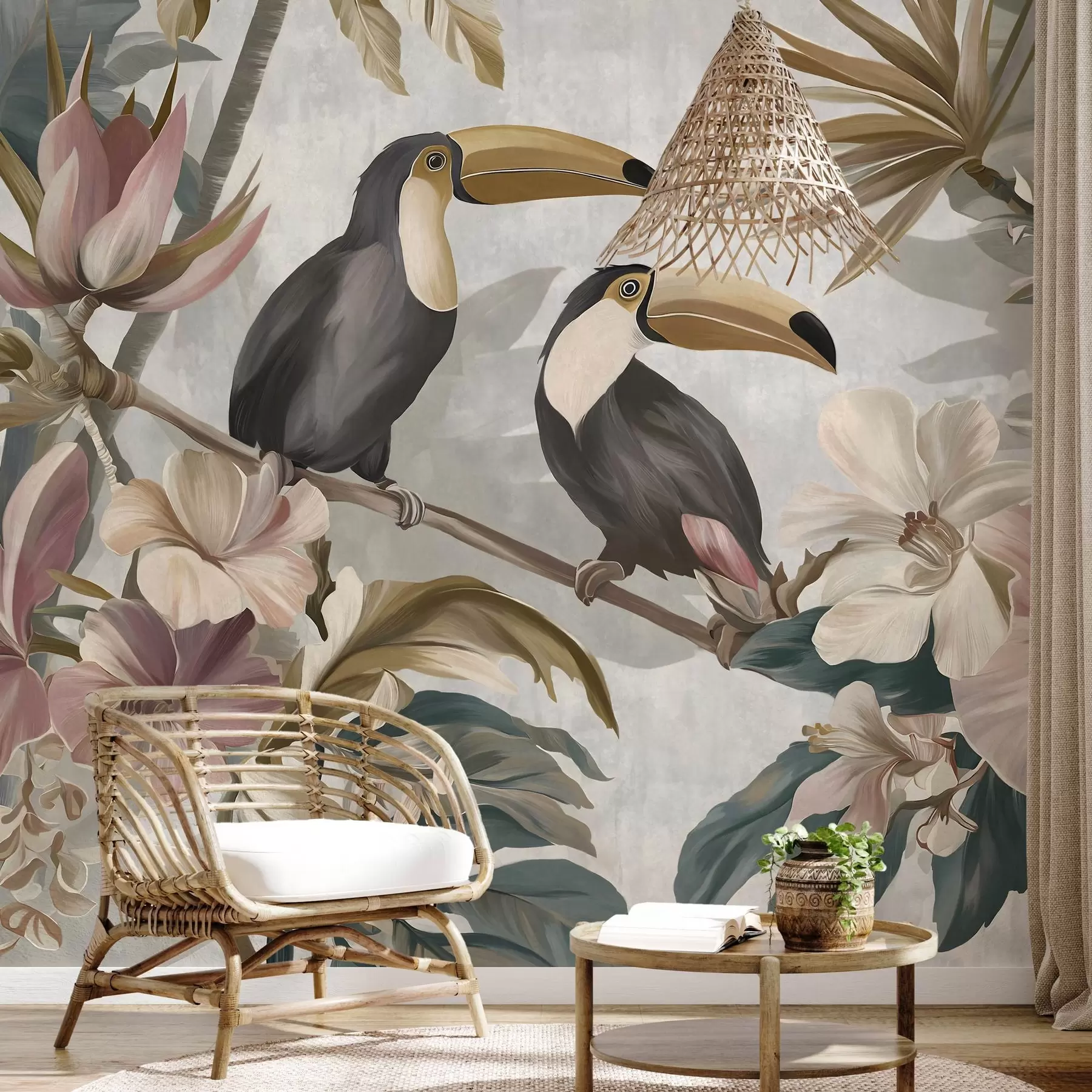wall murals a pair of toucans amidst tropical flowers and leaves w05657