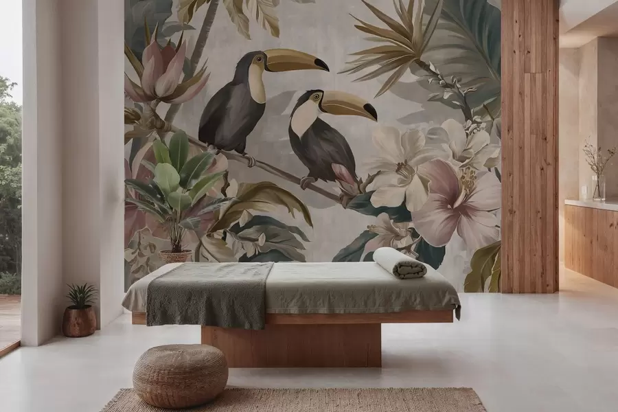 wall murals a pair of toucans amidst tropical flowers and leaves w05657