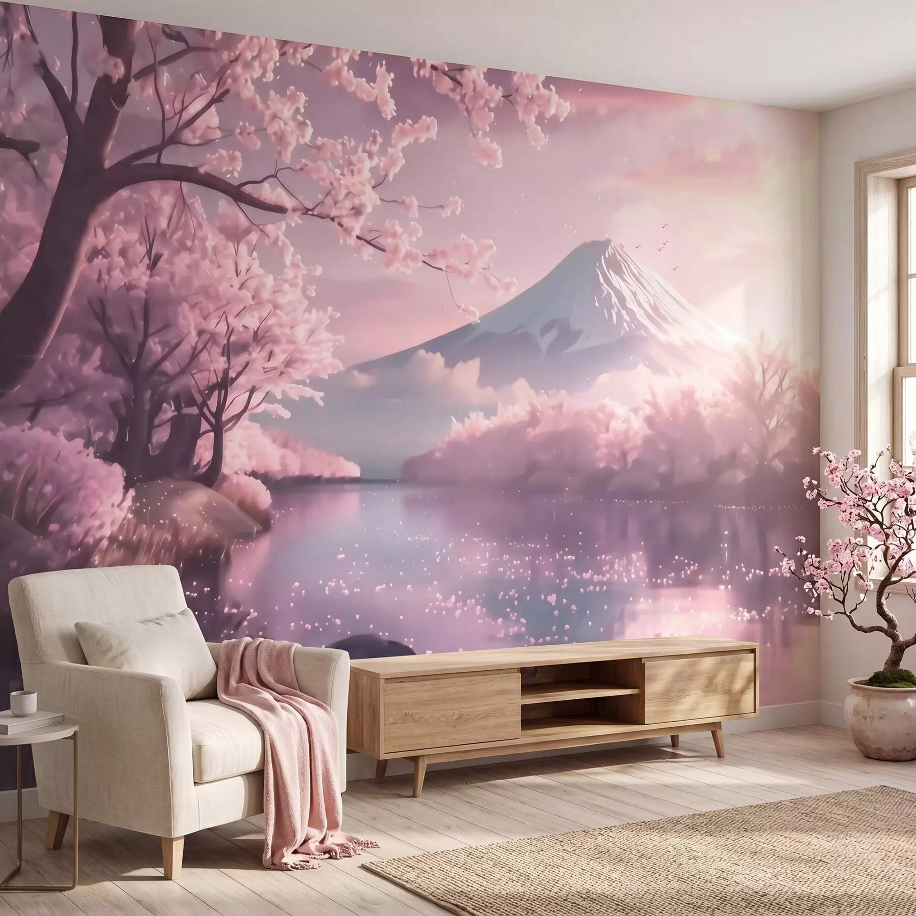 wall murals Serene Japanese landscape with cherry blossoms and a mountain lake at sunrise w09864