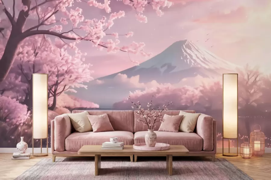 wall murals Serene Japanese landscape with cherry blossoms and a mountain lake at sunrise w09864