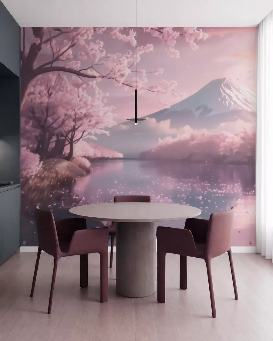 wall murals Serene Japanese landscape with cherry blossoms and a mountain lake at sunrise w09864