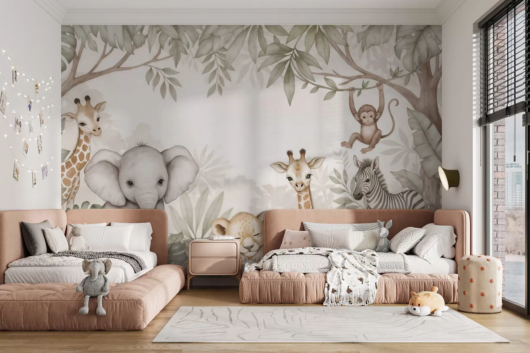 wall murals Adorable safari animals among tropical foliage in a watercolor style w09885