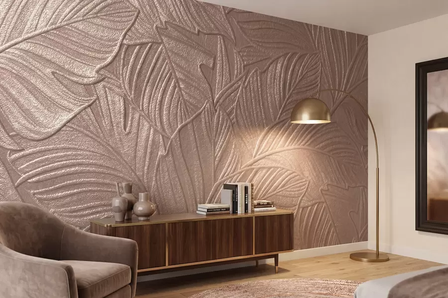 wall murals Embossed tropical leaves with delicate relief in warm beige tones w09886