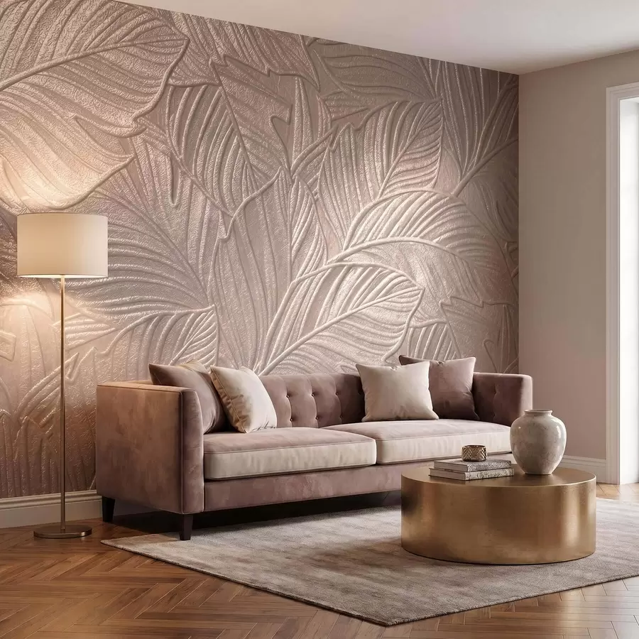 wall murals Embossed tropical leaves with delicate relief in warm beige tones w09886