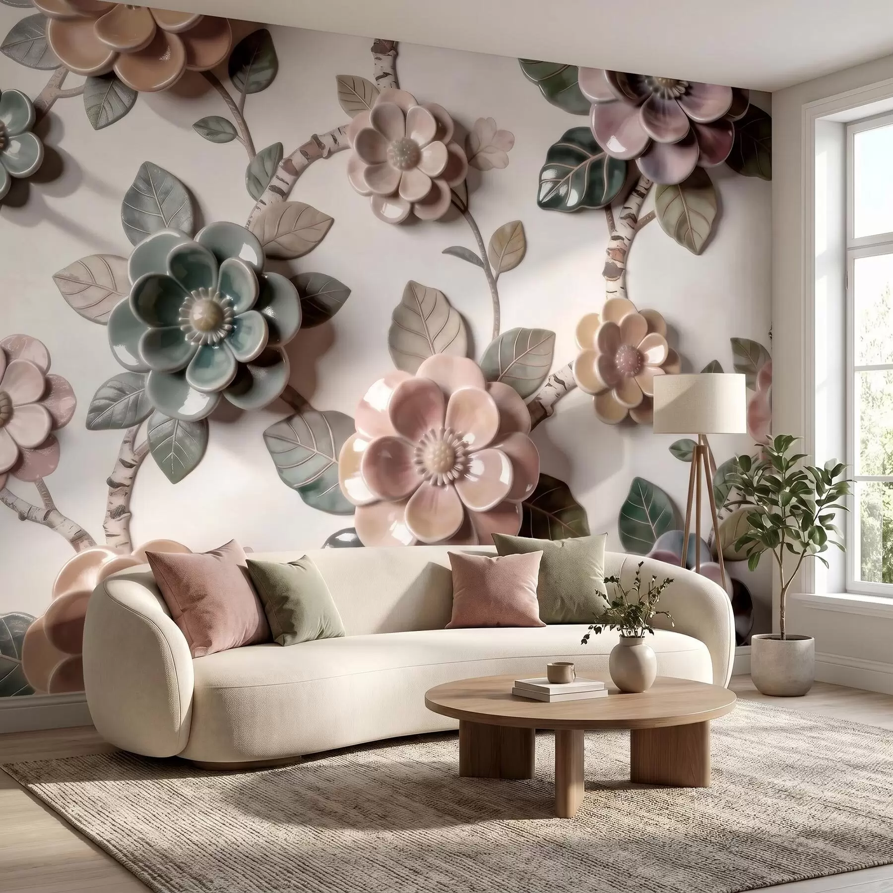 wall murals Three-dimensional ceramic flowers in a soft pastel palette w09887