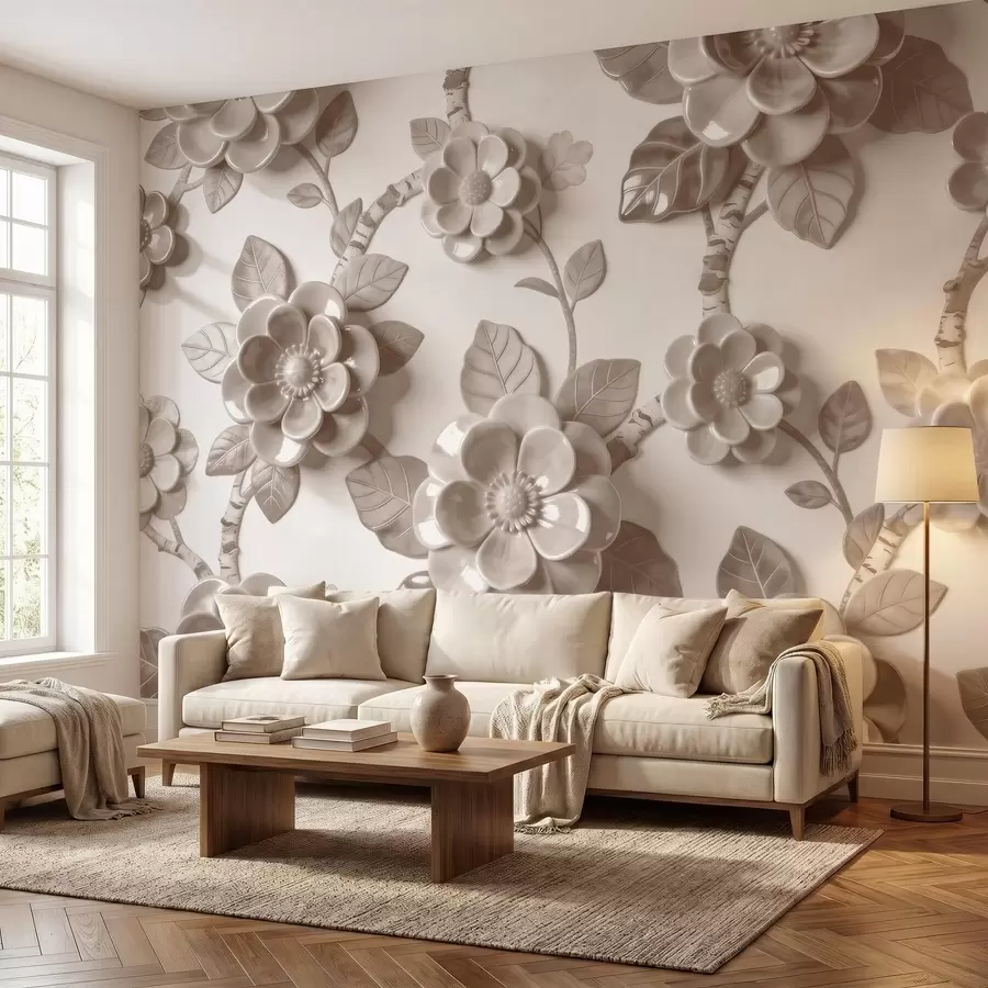 wall murals Elegant beige arrangement of sculpted three-dimensional flowers w09887v1
