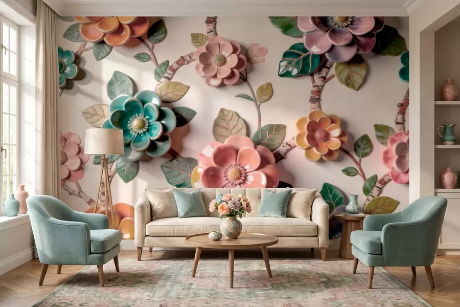 wall murals Three-dimensional ceramic flowers and leaves in a vibrant color palette w09887v2