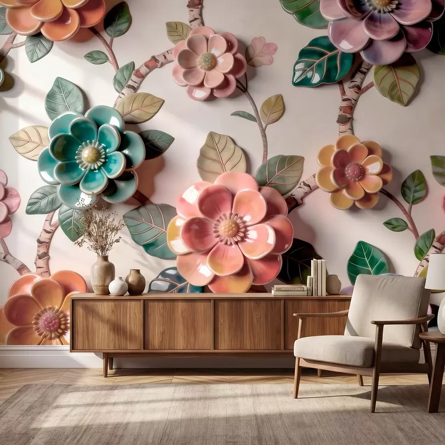 wall murals Three-dimensional ceramic flowers and leaves in a vibrant color palette w09887v2