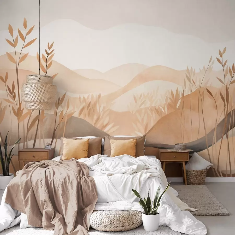 wall murals Abstract landscape with rolling hills in shades of brown and beige, textured art w09617