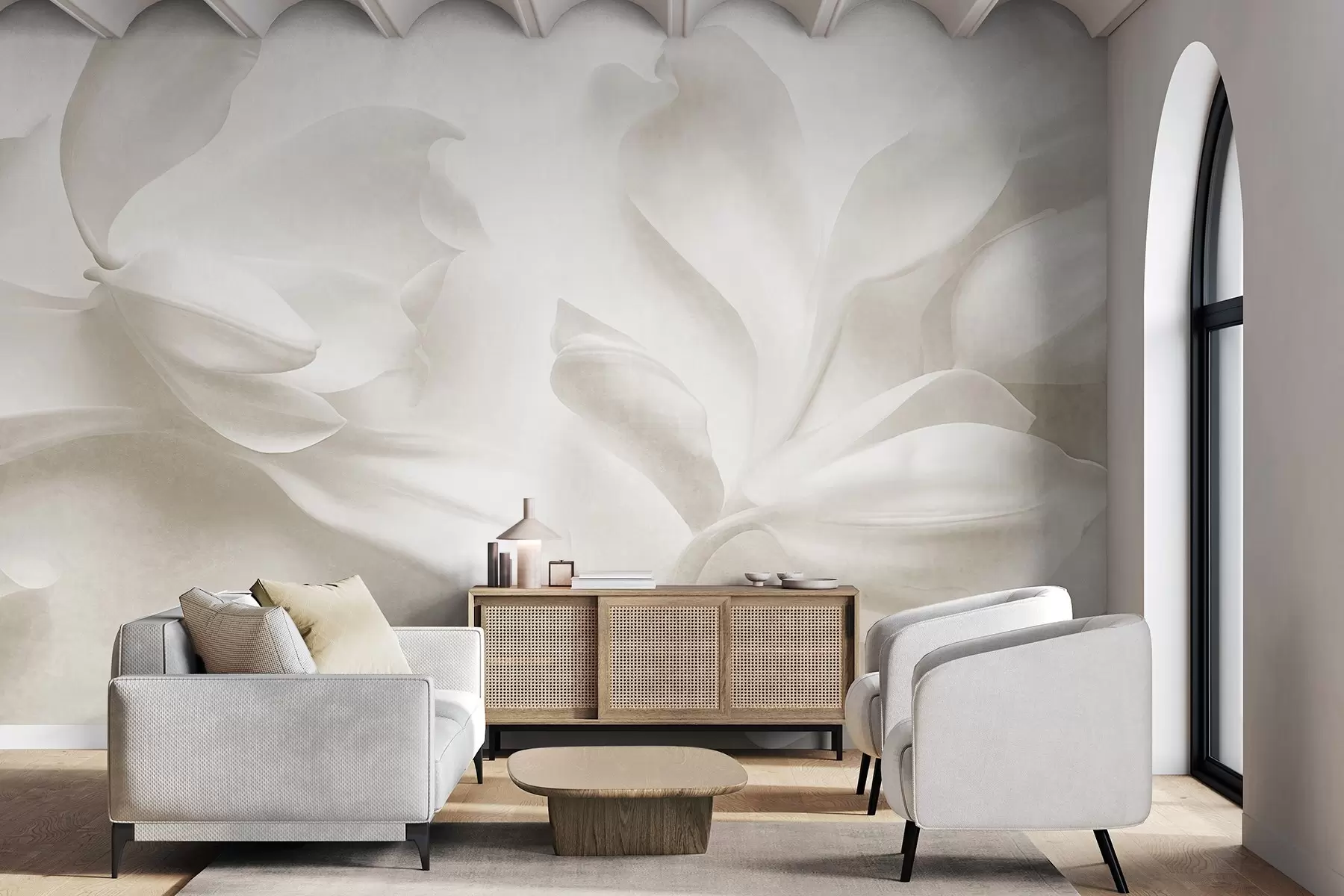 wall murals Textured white magnolia flowers with delicate petals, blurred light background w09771