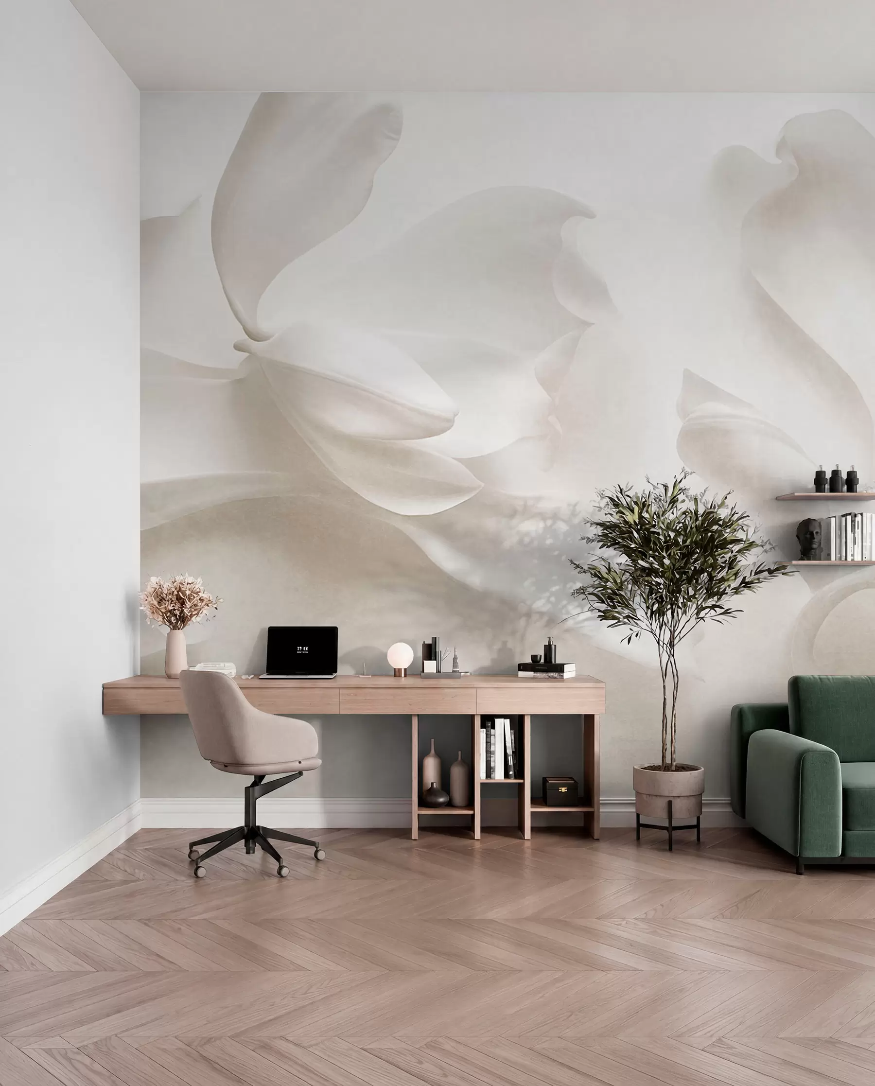 wall murals Textured white magnolia flowers with delicate petals, blurred light background w09771
