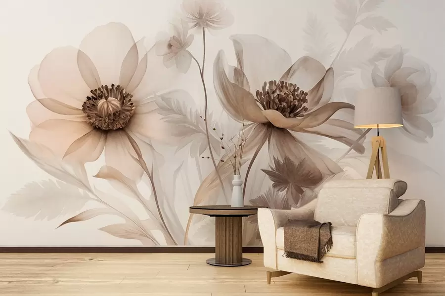 wall murals Large, translucent, sepia-toned flowers delicate petals, feathery leaves and smaller blooms w09900