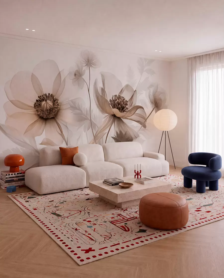 wall murals Large, translucent, sepia-toned flowers delicate petals, feathery leaves and smaller blooms w09900