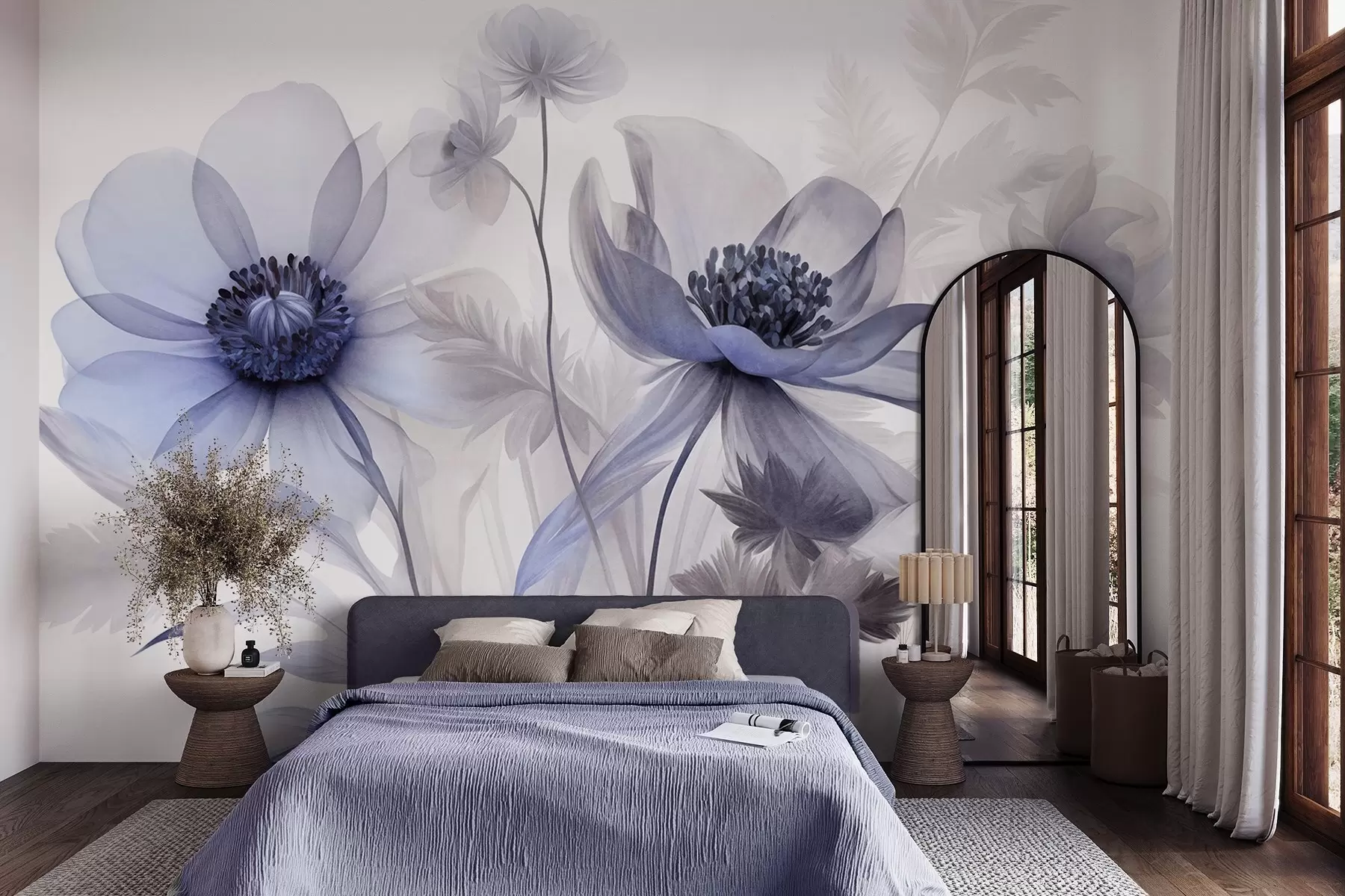 wall murals Large, translucent, blue-toned flowers delicate petals, feathery leaves and smaller blooms w09900v1