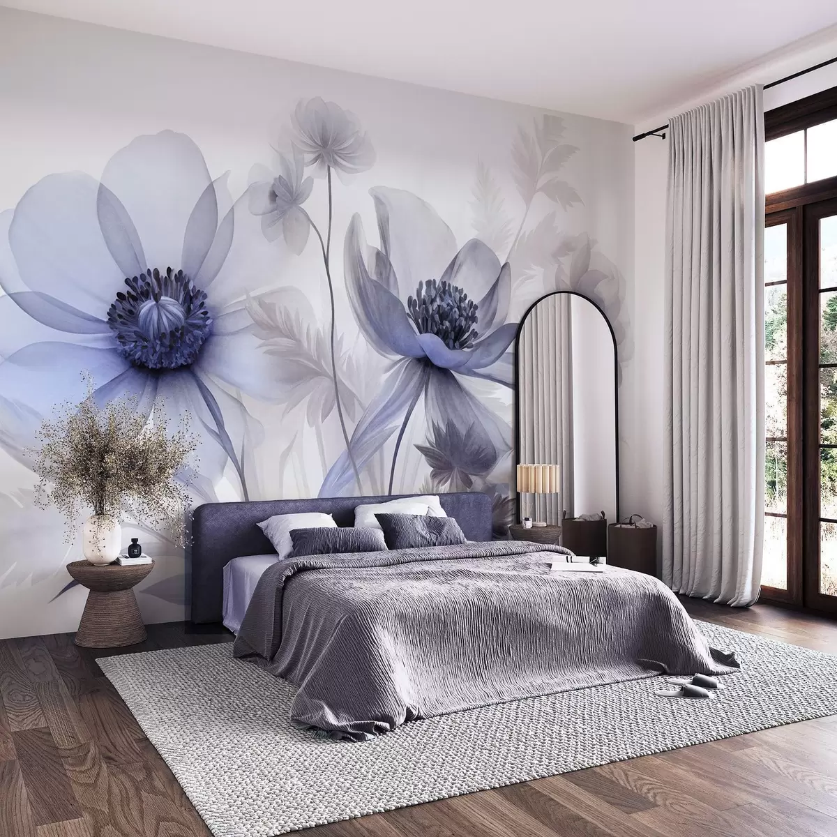 wall murals Large, translucent, blue-toned flowers delicate petals, feathery leaves and smaller blooms w09900v1