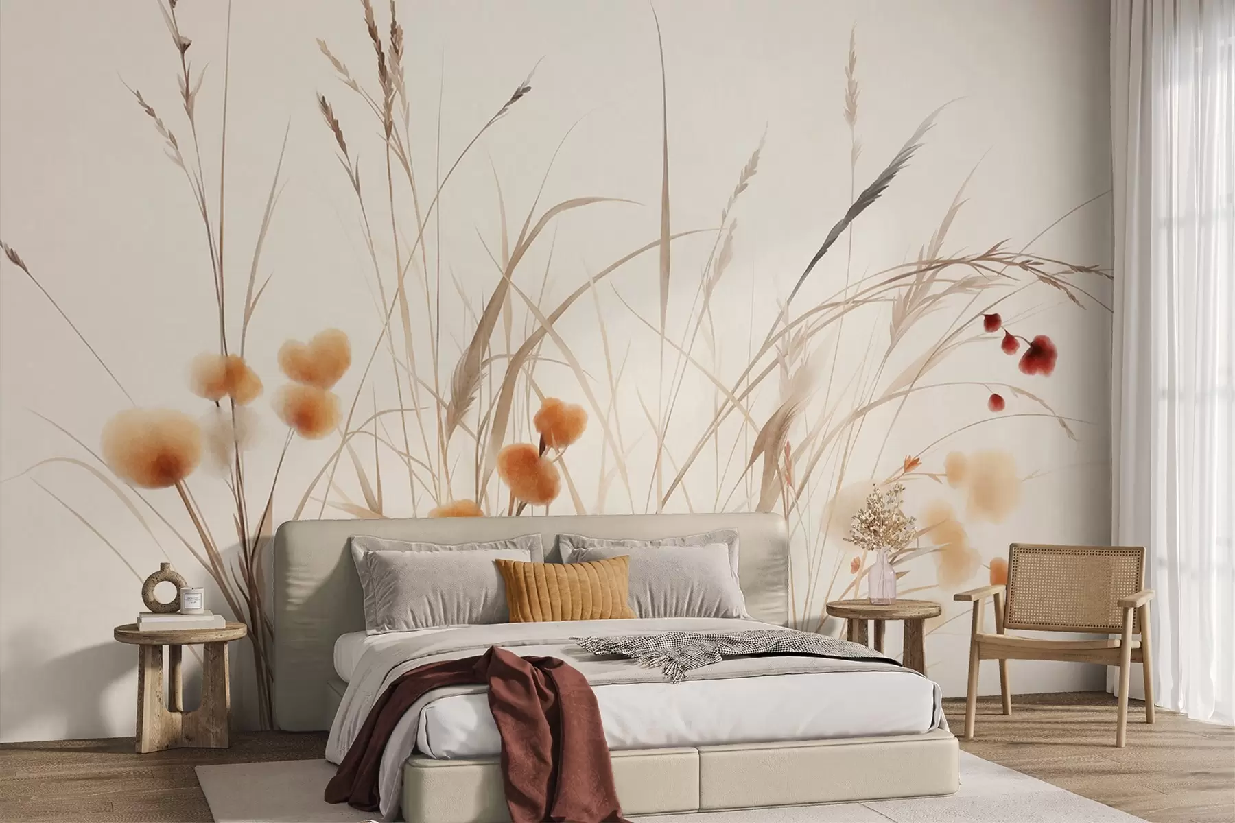 wall murals Tall grasses and small orange wildflowers against a pale background, textured boho style w09902