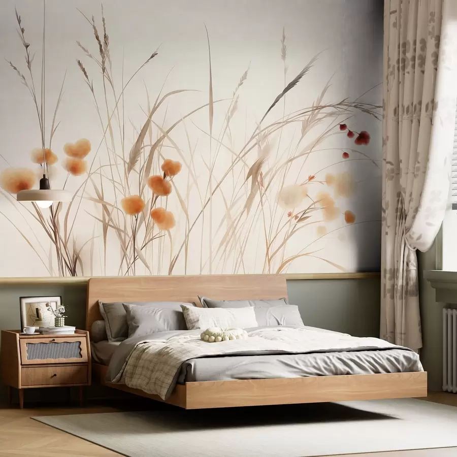 wall murals Tall grasses and small orange wildflowers against a pale background, textured boho style w09902