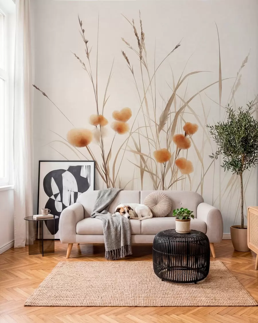 wall murals Tall grasses and small orange wildflowers against a pale background, textured boho style w09902