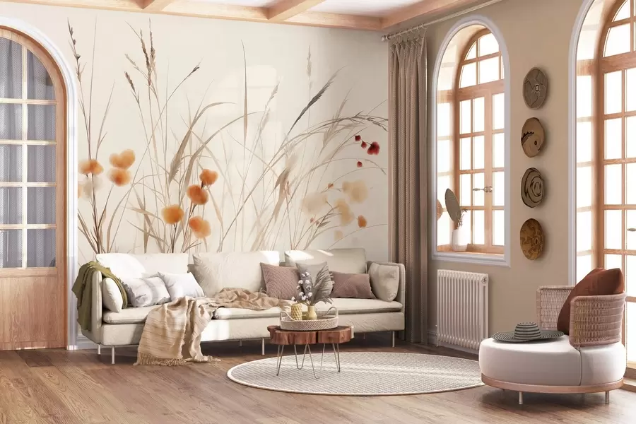 wall murals Tall grasses and small orange wildflowers against a pale background, textured boho style w09902
