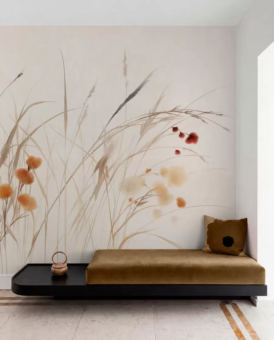 wall murals Tall grasses and small orange wildflowers against a pale background, textured boho style w09902