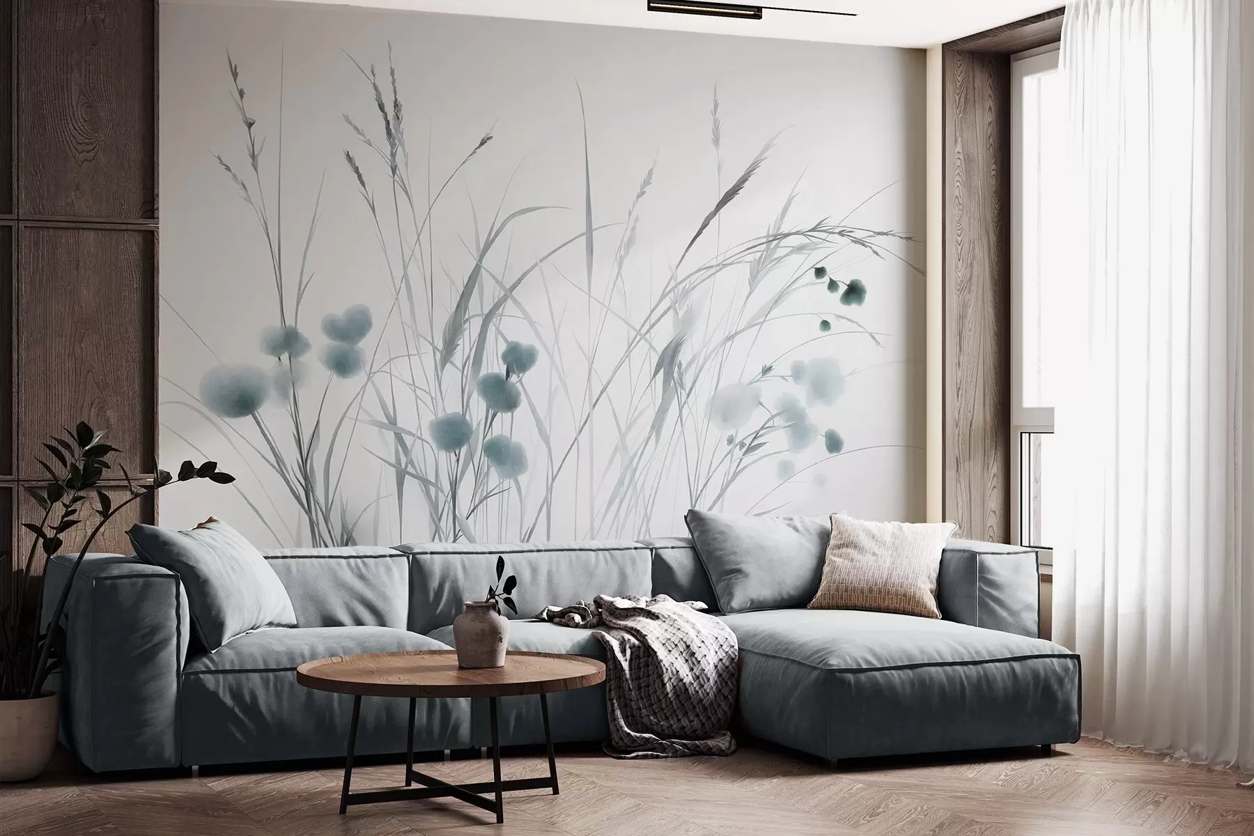 wall murals Tall grasses and small blue wildflowers against a pale background, textured boho style w09902v1