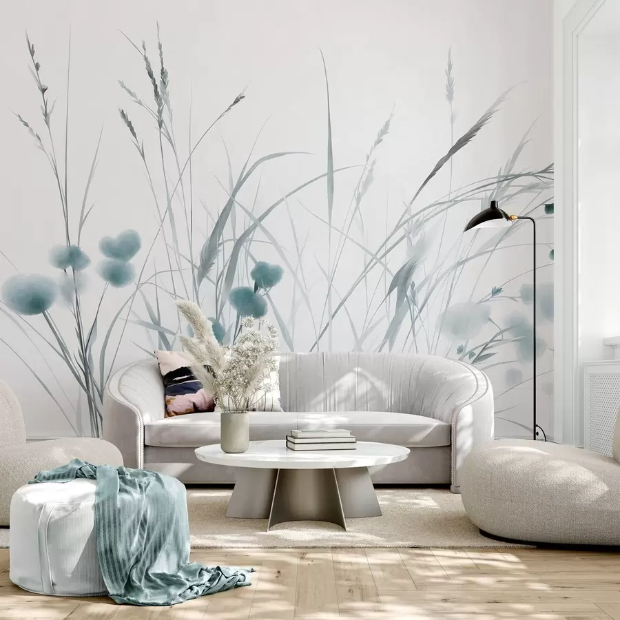 wall murals Tall grasses and small blue wildflowers against a pale background, textured boho style w09902v1