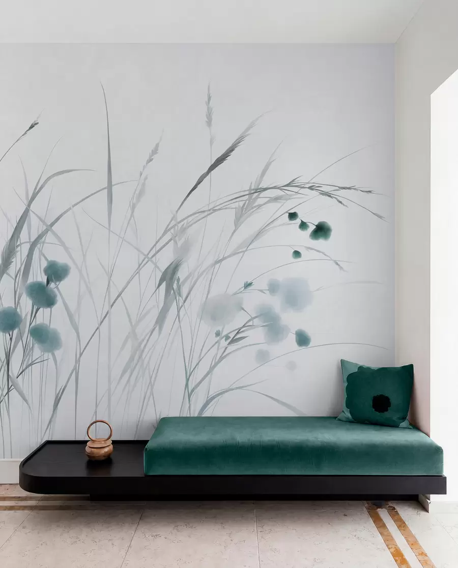 wall murals Tall grasses and small blue wildflowers against a pale background, textured boho style w09902v1