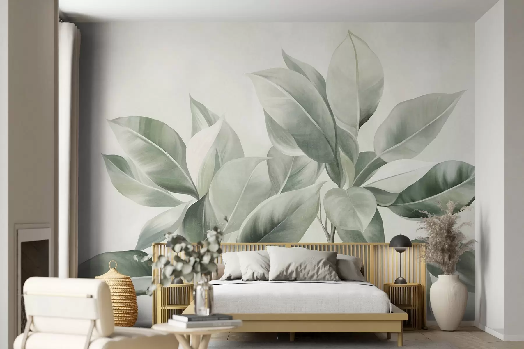wall murals Light green leaves against a pale, soft background, textured boho style w09909